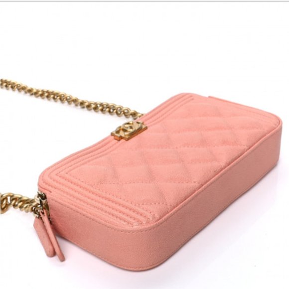 {CHANEL} Caviar Quilted Small Boy Clutch With Chain Light Pink WOC - Picture 3 of 4